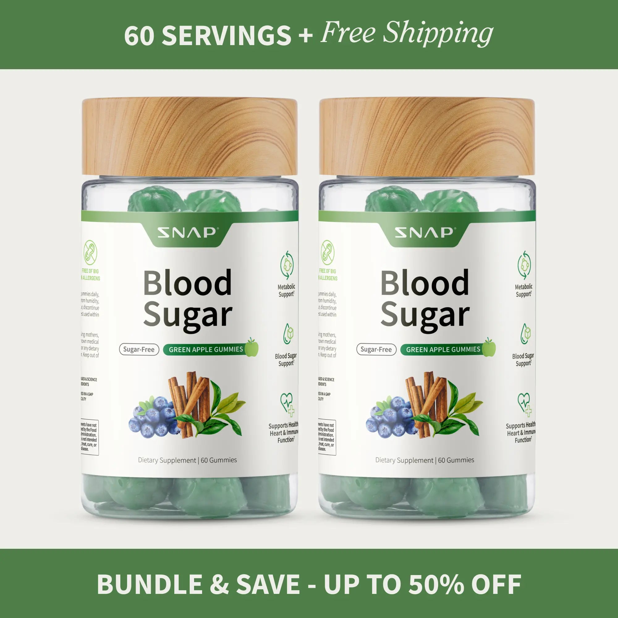 Snap Supplements - Blood Sugar Gummies - Natural Supplement - Green Apple Flavor
