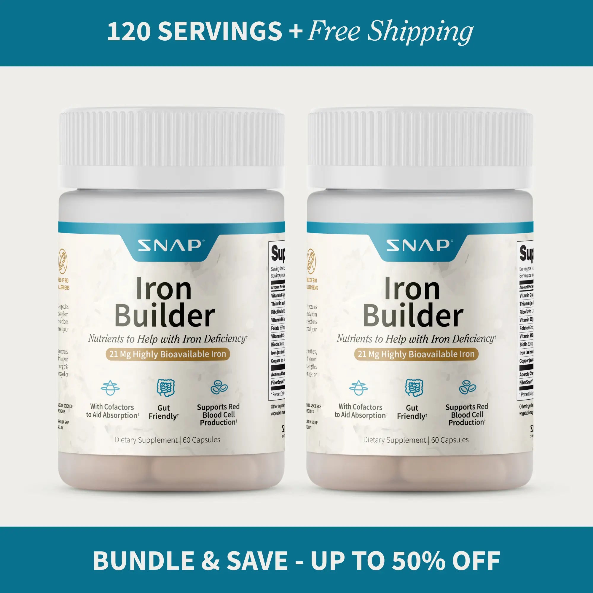 Elevate Your Energy with Snap Supplements Iron Builder - 60 Natural Capsules for Immune Support and Enhanced Vitality!
