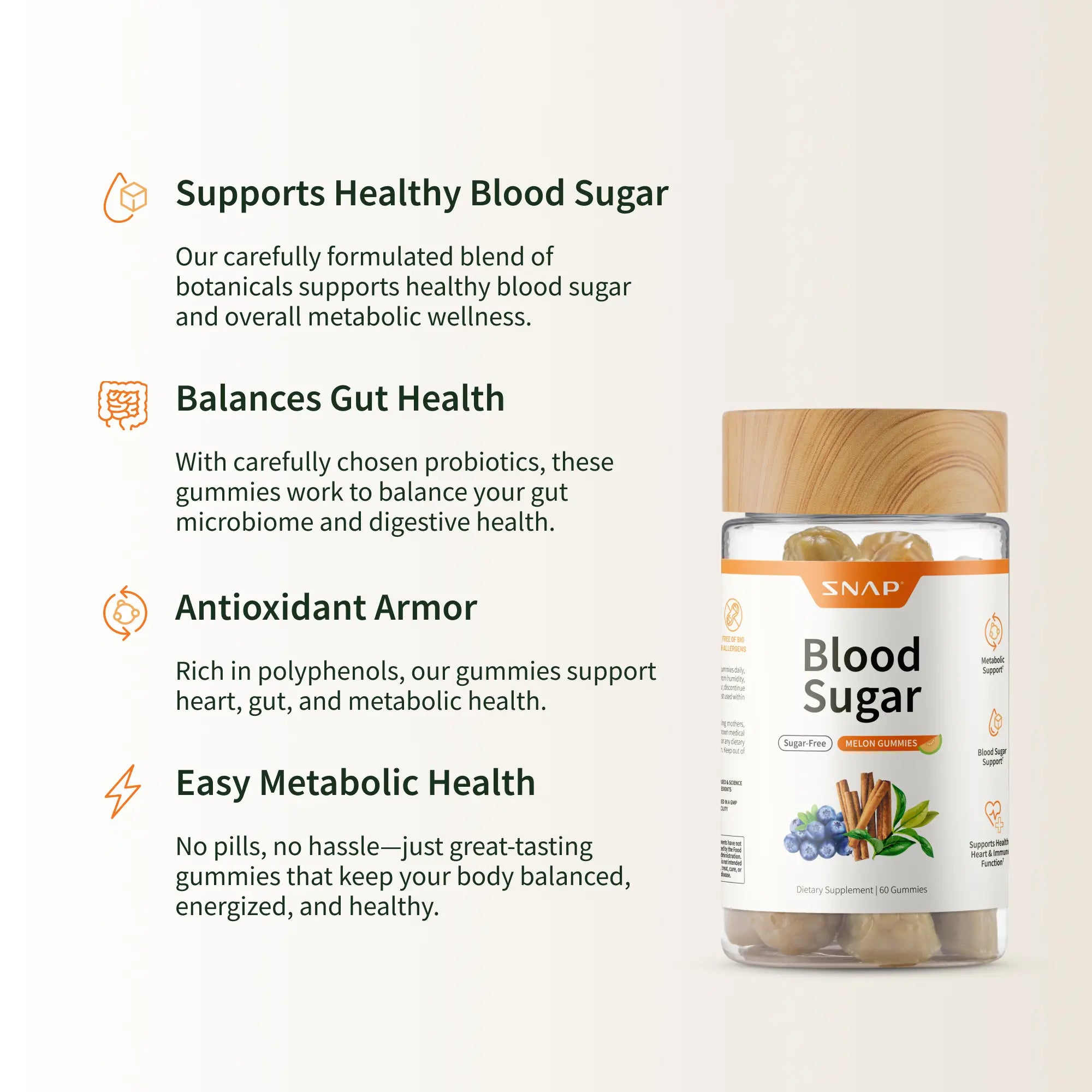 Elevate Your Wellness with Snap Supplements Blood Sugar Gummies - Delicious Melon Flavor for Metabolism Support!