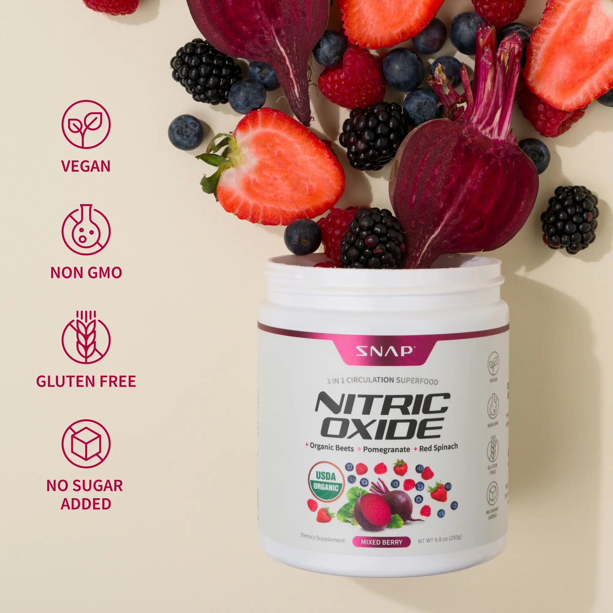 Elevate Your Heart Health with Snap Supplements Nitric Oxide Beet Root Powder and Heart Beets Powder - Delicious Mixed Berry Flavor