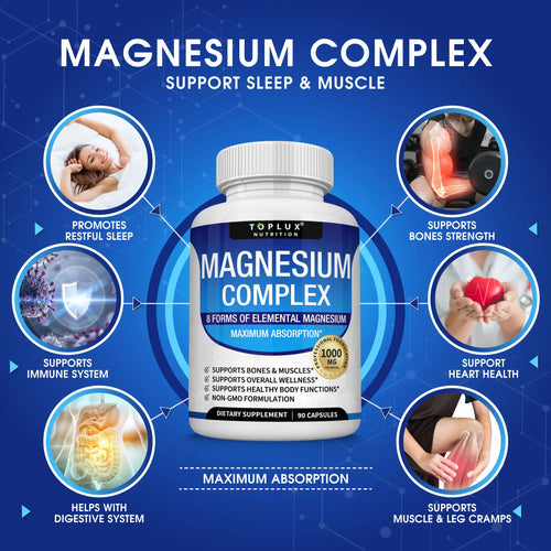 Unlock Your Wellness with Toplux Magnesium Complex - 8 Essential Magnesium Supplement, 1000mg Capsules for Better Sleep and Muscle Health