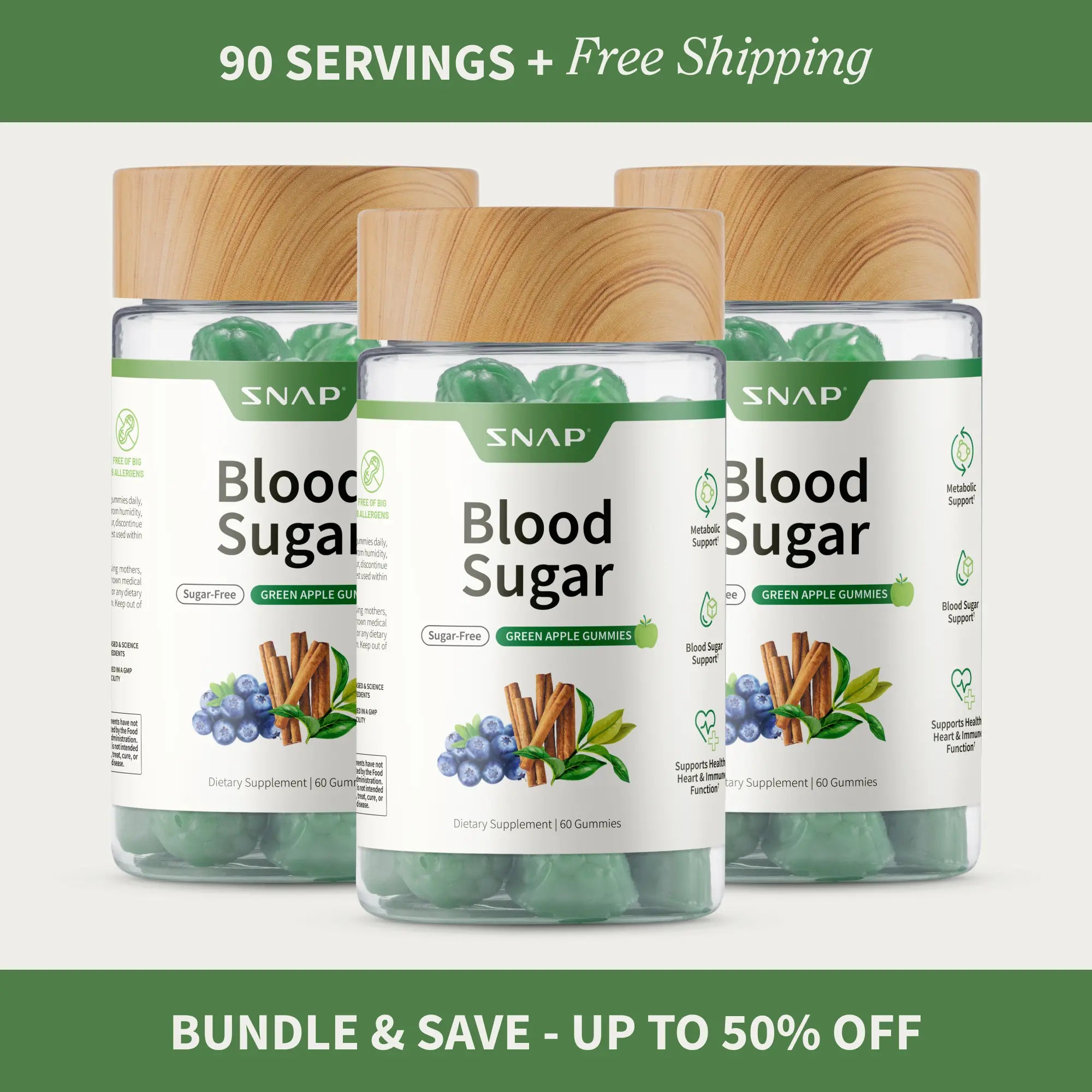 Snap Supplements - Blood Sugar Gummies - Natural Supplement - Green Apple Flavor