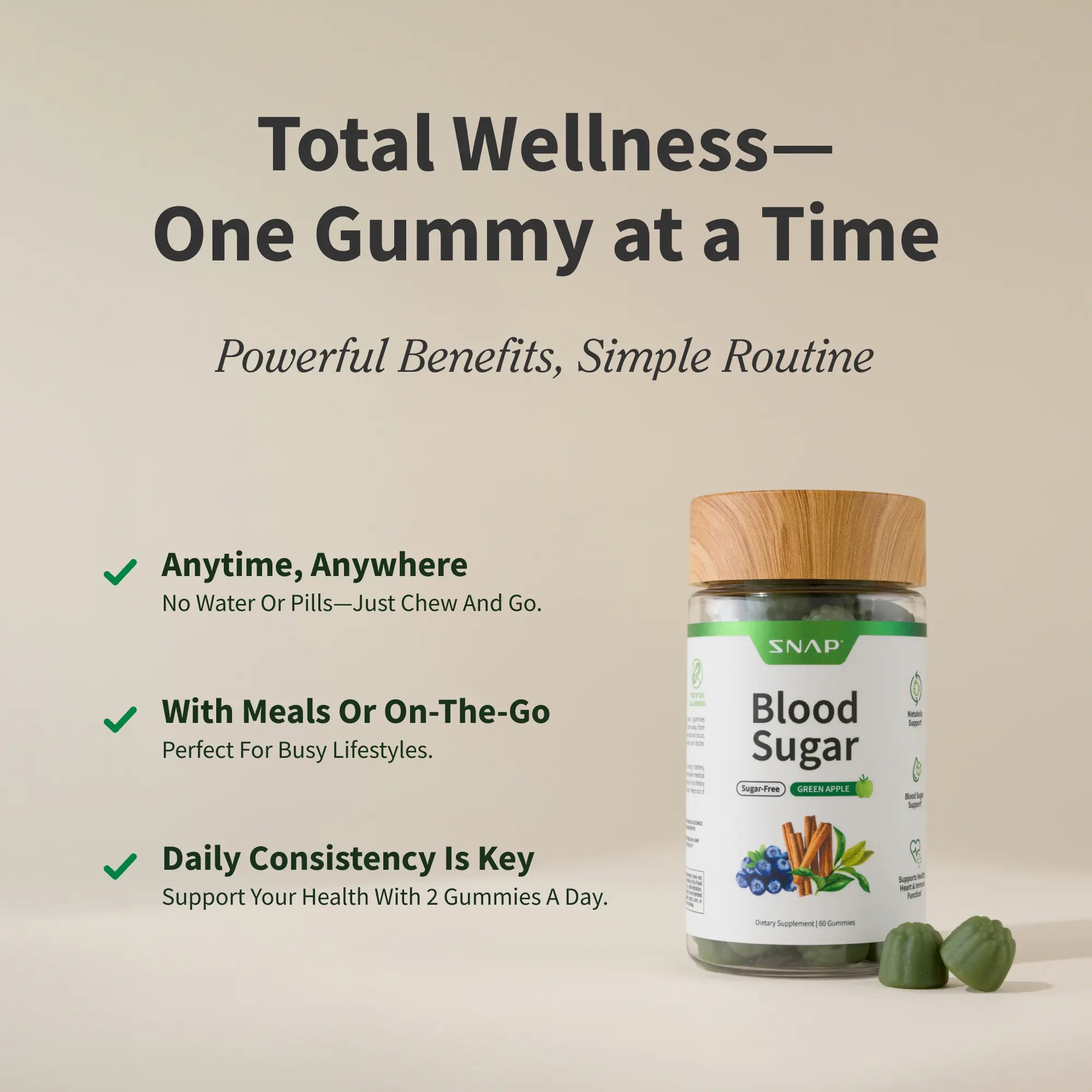 Snap Supplements - Blood Sugar Gummies - Natural Supplement - Green Apple Flavor